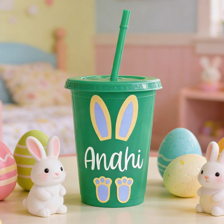 Personalized Easter Bunny Ears Name Cup Cute Holiday Gift for Kids Spring Celebration Children's cup with straw