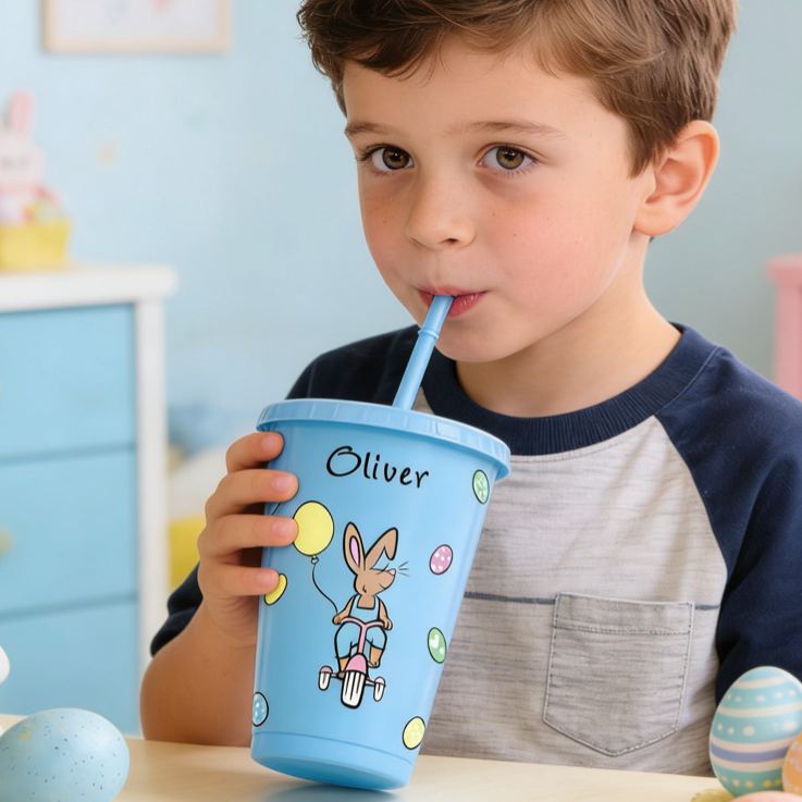 Personalized Easter Bunny Name Cup Cute Spring Egg Pattern Gift for Kids Holiday Celebration Children's cup with straw