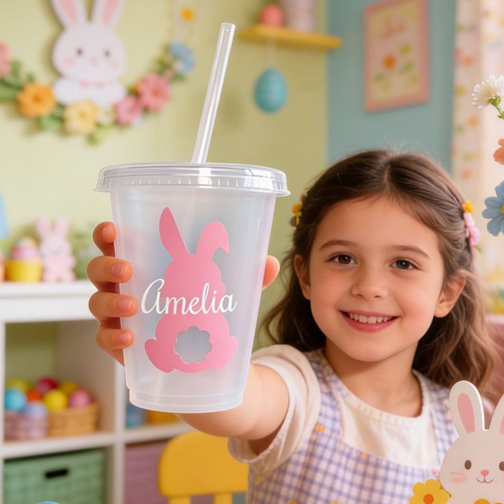 Personalized Easter Bunny Name Cup Cute Pastel Holiday Gift for Kids Spring Party Favor Children's cup with straw