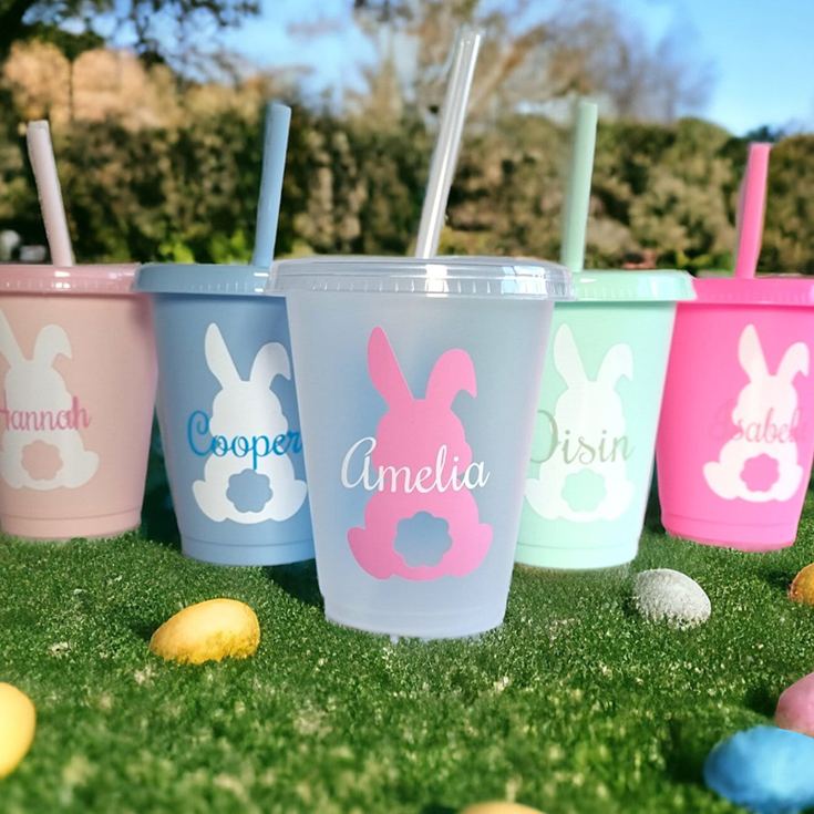Personalized Easter Bunny Name Cup Cute Pastel Holiday Gift for Kids Spring Party Favor Children's cup with straw