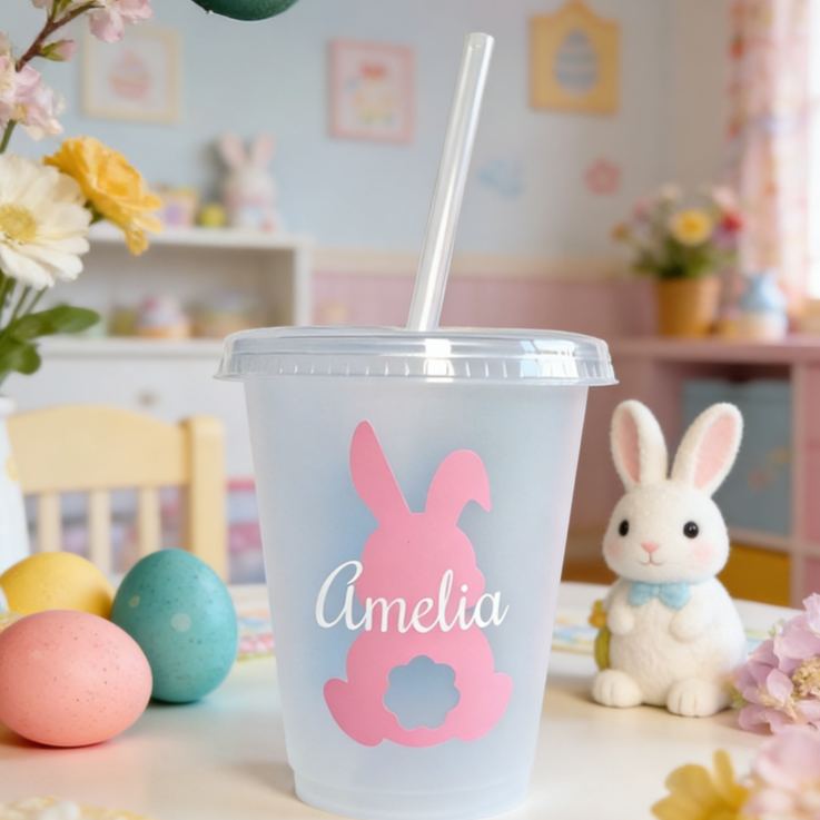 Personalized Easter Bunny Name Cup Cute Pastel Holiday Gift for Kids Spring Party Favor Children's cup with straw