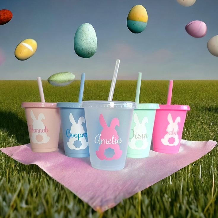 Personalized Easter Bunny Name Cup Cute Pastel Holiday Gift for Kids Spring Party Favor Children's cup with straw