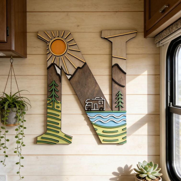 Personalized Monogram Camping Rv Life 3D Wall Decor Home Away from Home Decor Camping Decor Camper or Tent Mountain and Lake Design