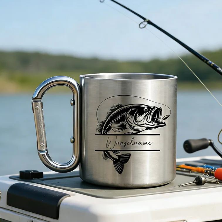 Personalized Fishing Mug with Name Stainless Steel Mug with Engraving & Carabiner Handle Outdoors Fishing Lover