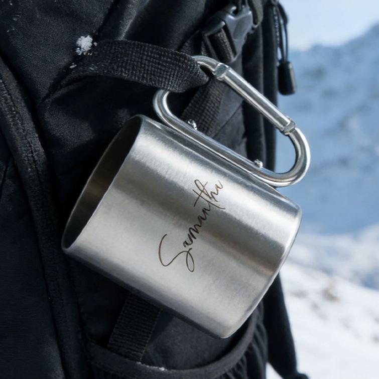 Personalized Camping Mug Engraved Stainless Steel Carabiner Mug Backpacker Mountain Climber Mug gift for hiking Outdoors 
