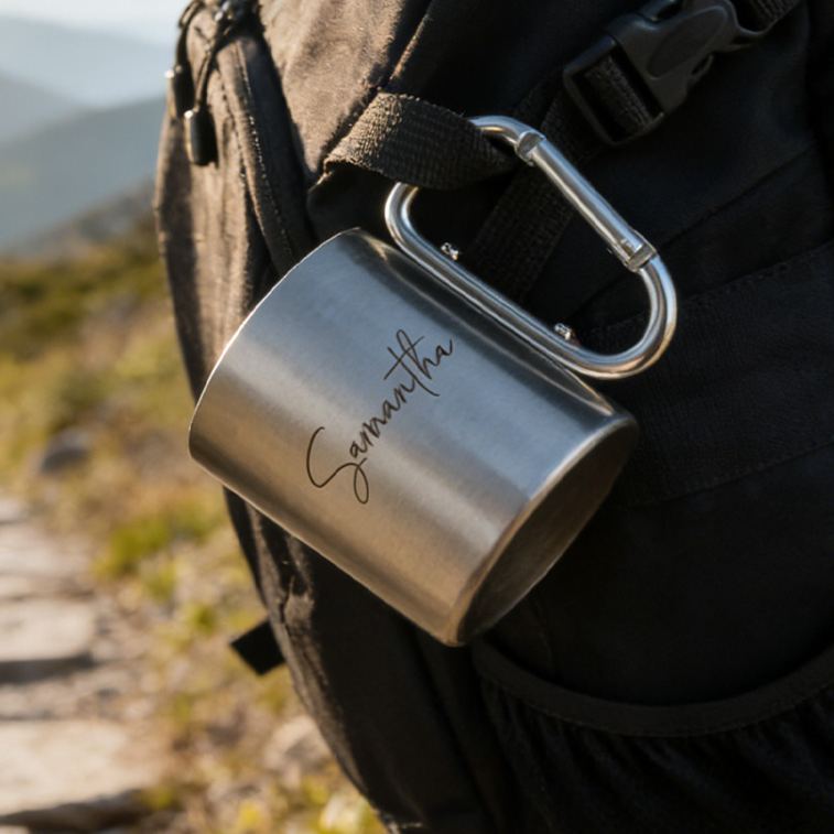 Personalized Camping Mug Engraved Stainless Steel Carabiner Mug Backpacker Mountain Climber Mug gift for hiking Outdoors 