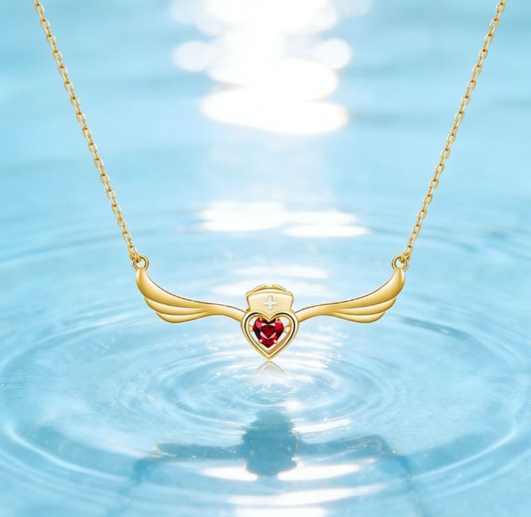 Personalized Sterling Silver Elegant Angel Wings Nurse Necklace with Custom Birthstone