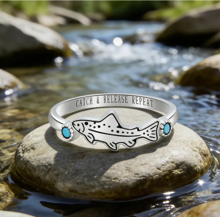 Personalized Sterling Silver Vintage Turquoise Trout Ring Custom Engraved Text