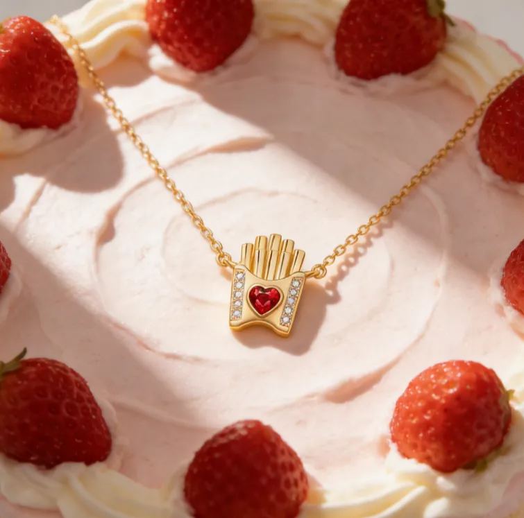Personalized Fun Sterling Silver French Fries Pendant Necklace with Custom Birthstone