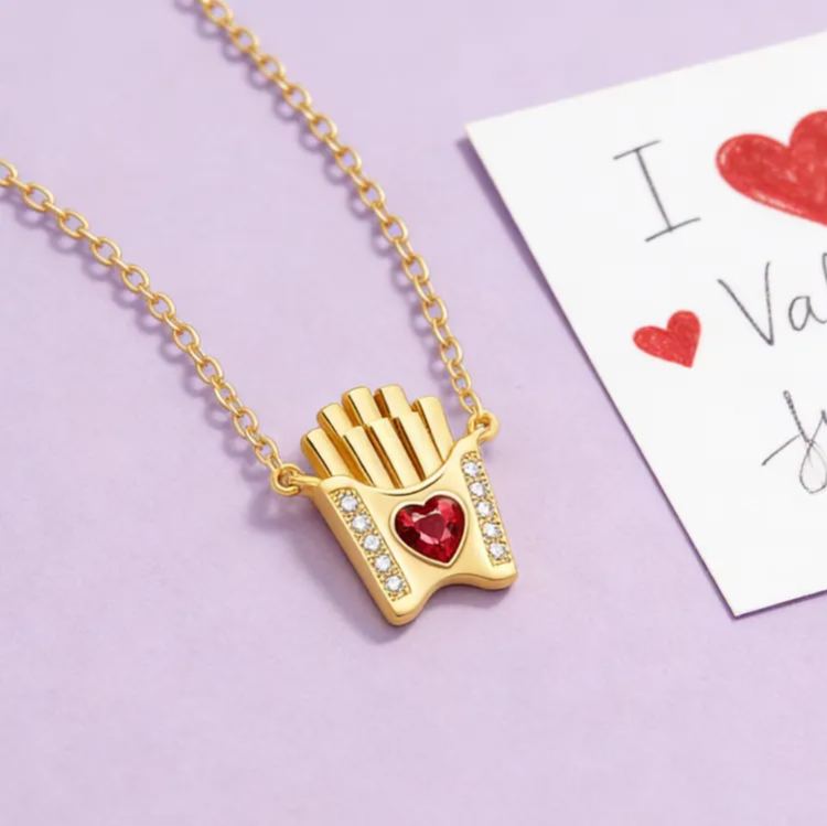 Personalized Fun Sterling Silver French Fries Pendant Necklace with Custom Birthstone