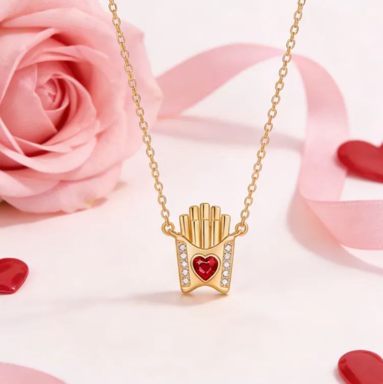 Personalized Fun Sterling Silver French Fries Pendant Necklace with Custom Birthstone