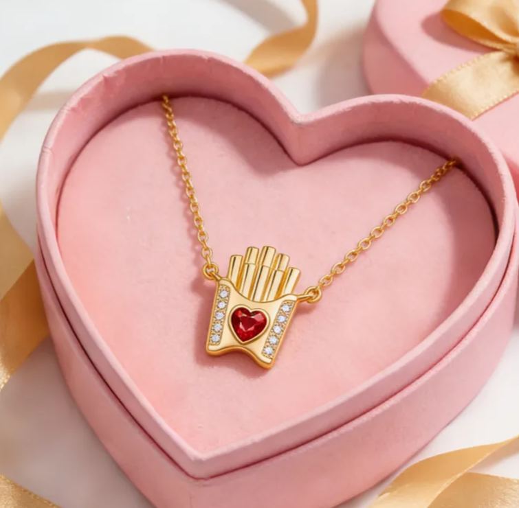 Personalized Fun Sterling Silver French Fries Pendant Necklace with Custom Birthstone