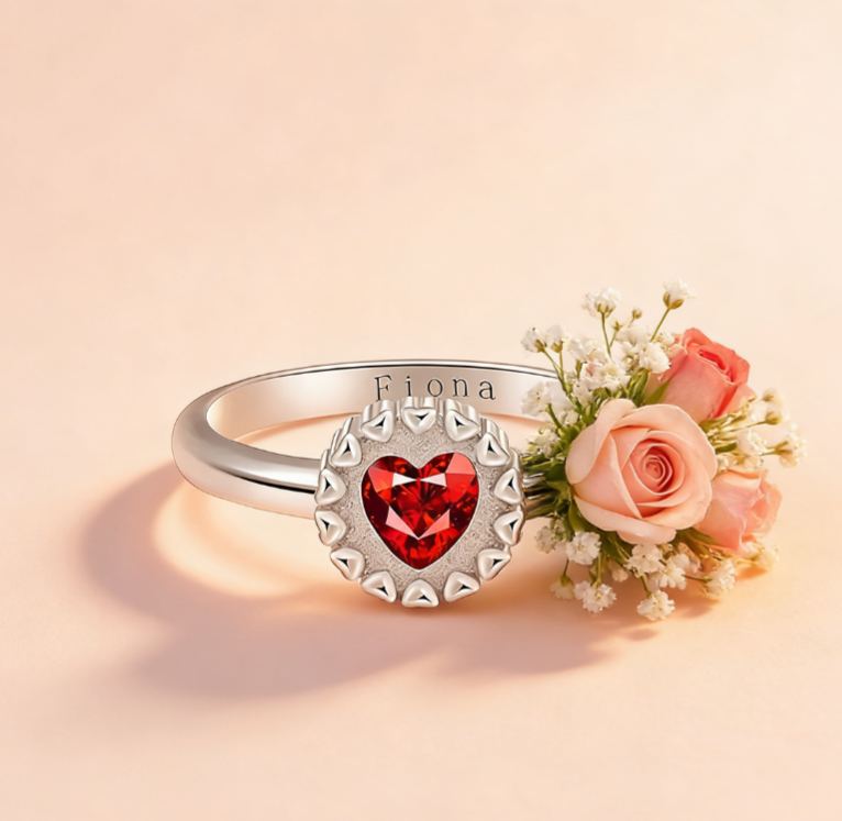Personalized Blooming Heart Birthstone Ring with Custom Engraving – Elegant and Unique Sterling Silver Jewelry for Meaningful Gifts