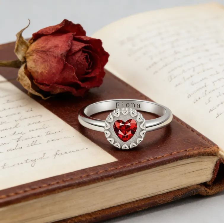 Personalized Blooming Heart Birthstone Ring with Custom Engraving – Elegant and Unique Sterling Silver Jewelry for Meaningful Gifts