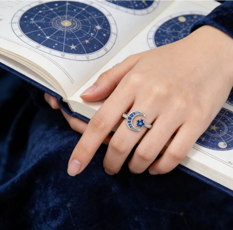 Personalized Moon and Star Birthstone Ring with Custom Engraving, Elegant Sterling Silver Jewelry for Meaningful Romantic Gifts