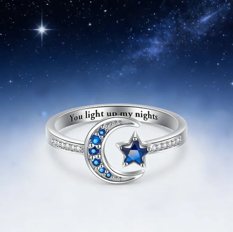 Personalized Moon and Star Birthstone Ring with Custom Engraving, Elegant Sterling Silver Jewelry for Meaningful Romantic Gifts