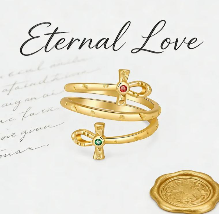 Personalized Sterling Silver Double Ankh Wrapped Ring Custom Text and Birthstone