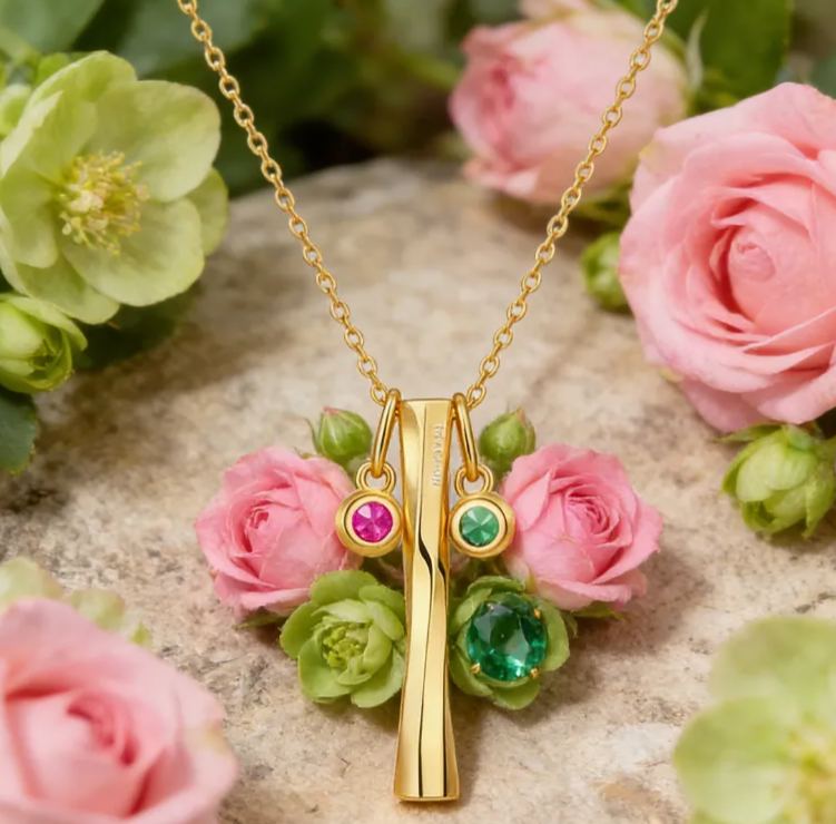 Personalized Sterling Silver Engraved Bar Necklace with Custom Birthstone