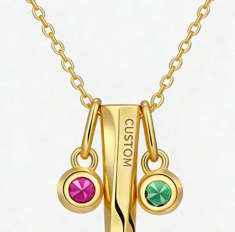 Personalized Sterling Silver Engraved Bar Necklace with Custom Birthstone