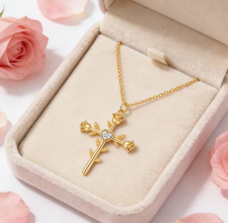Personalized Sterling Silver Double Sided Cross with Rose Name and Birthstone Engraved Necklace