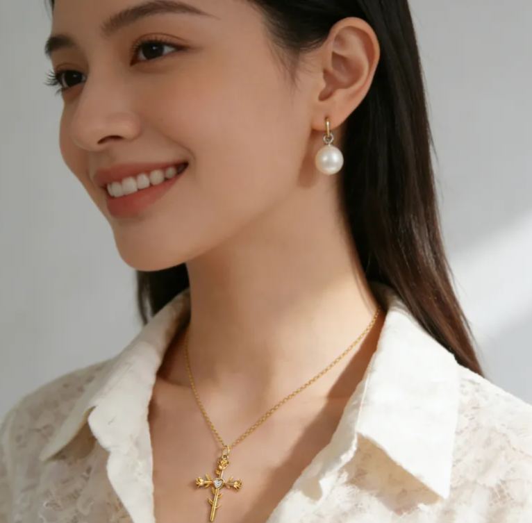 Personalized Sterling Silver Double Sided Cross with Rose Name and Birthstone Engraved Necklace