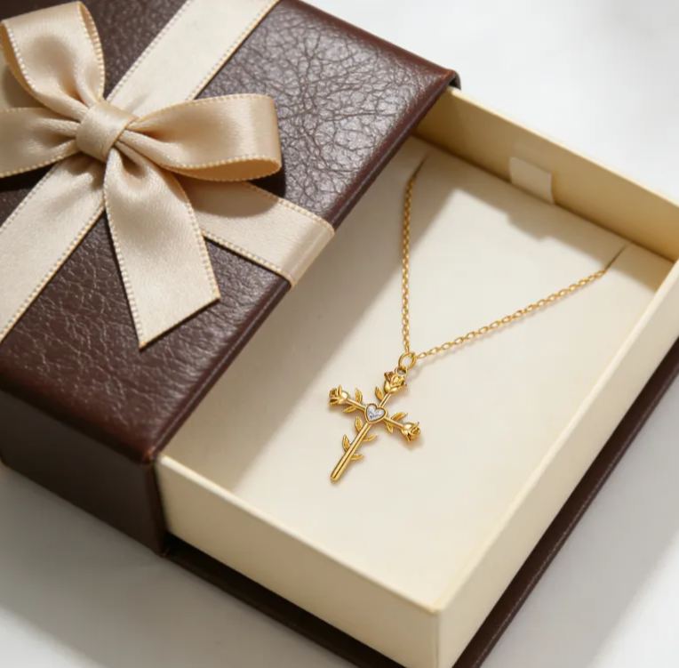 Personalized Sterling Silver Double Sided Cross with Rose Name and Birthstone Engraved Necklace