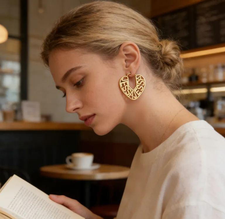 Personalized Custom Name Engraved Heart Outline Dangle Earrings