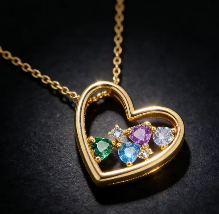 Personalized Sterling Silver Heart Holding Hearts Customizable Family Birthstone Colors and Counts Necklace