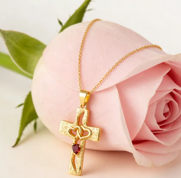 Personalized Sterling Silver Cross Interlocking Hearts Name and Birthstone Necklace