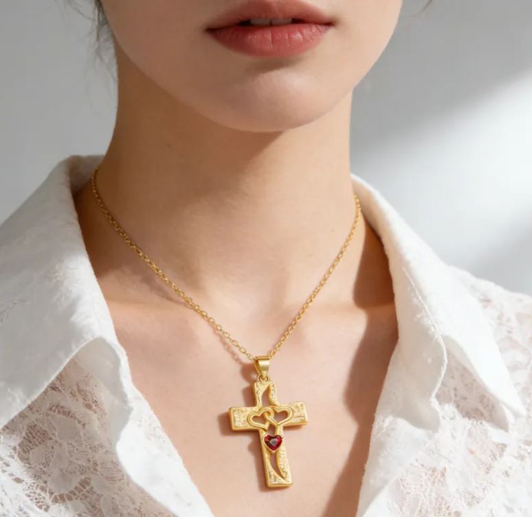 Personalized Sterling Silver Cross Interlocking Hearts Name and Birthstone Necklace