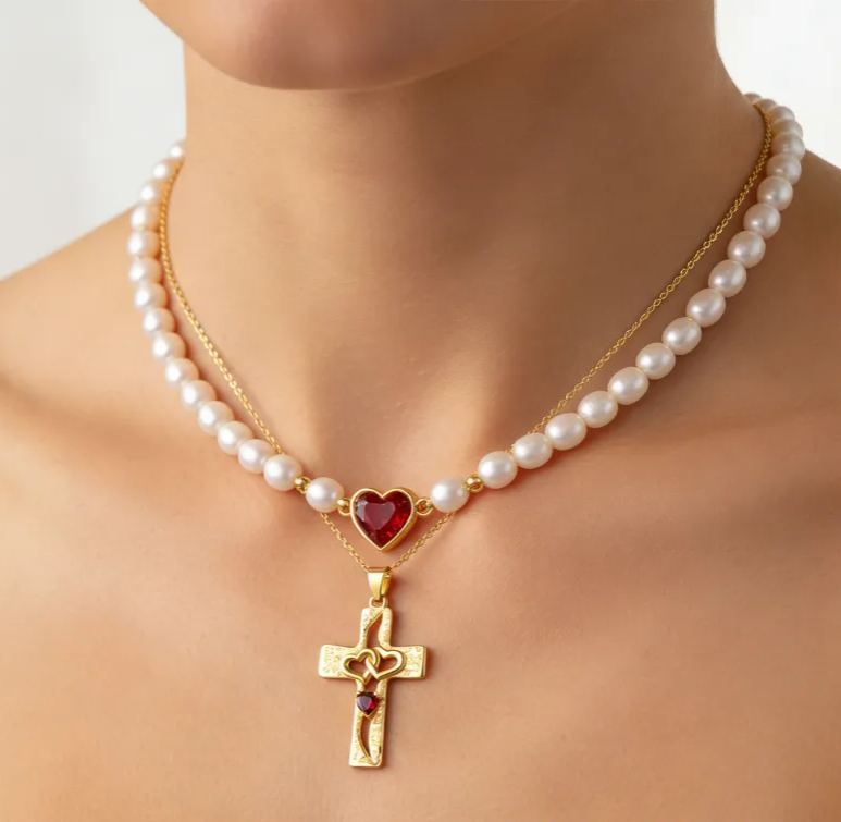 Personalized Sterling Silver Cross Interlocking Hearts Name and Birthstone Necklace