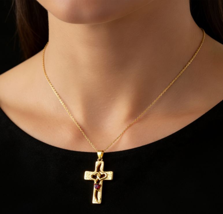 Personalized Sterling Silver Cross Interlocking Hearts Name and Birthstone Necklace