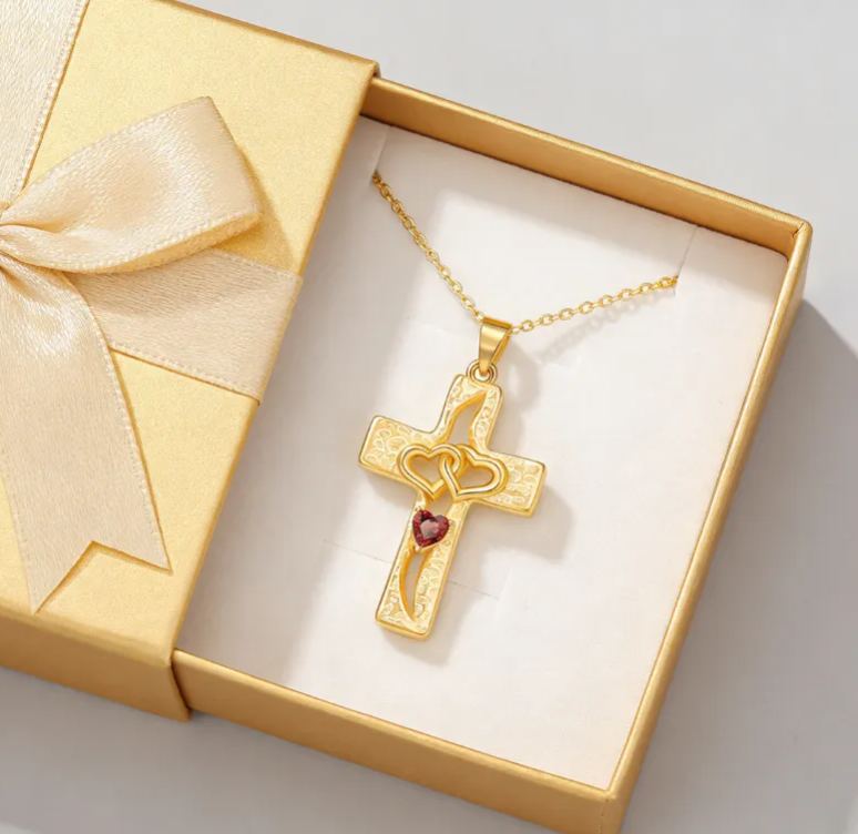 Personalized Sterling Silver Cross Interlocking Hearts Name and Birthstone Necklace