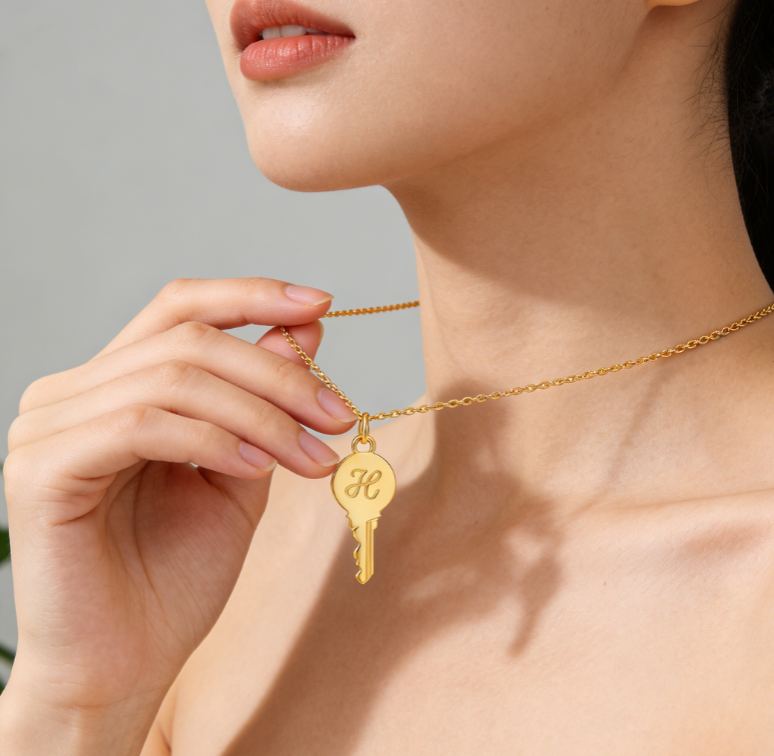 Personalized Sterling Silver Key-Shaped Initial Engraved Necklace