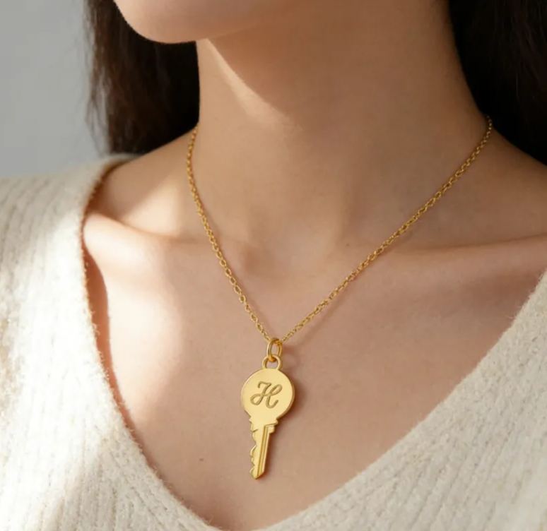 Personalized Sterling Silver Key-Shaped Initial Engraved Necklace