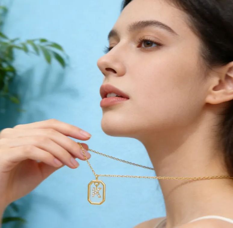 Personalized Sterling Silver 26 Letter Alphabet Octagon Framed Necklace with Custom Letter Choice