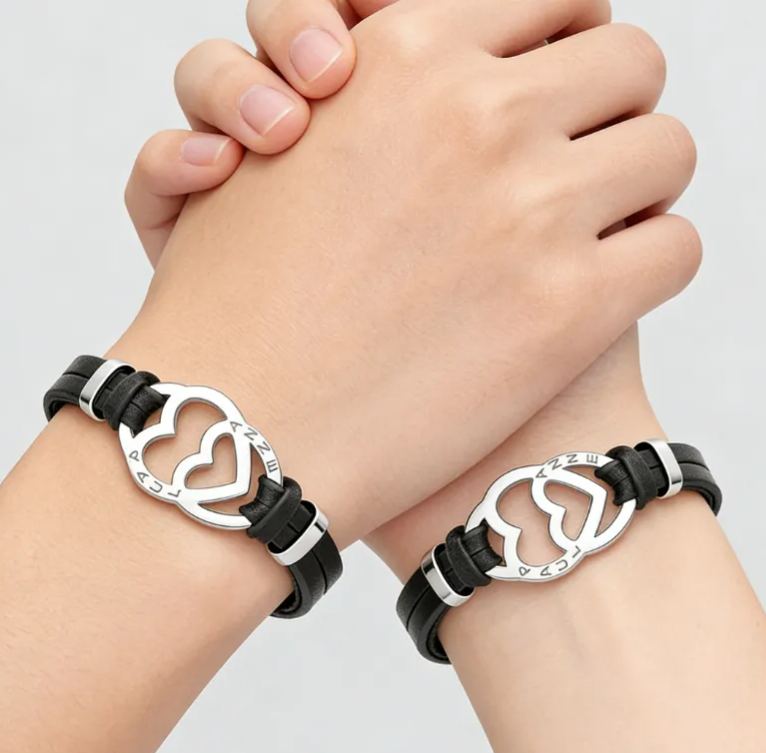 Personalized Stainless Steel Heart in Heart Leather Couple Bracelets with Custom Names for Lovers