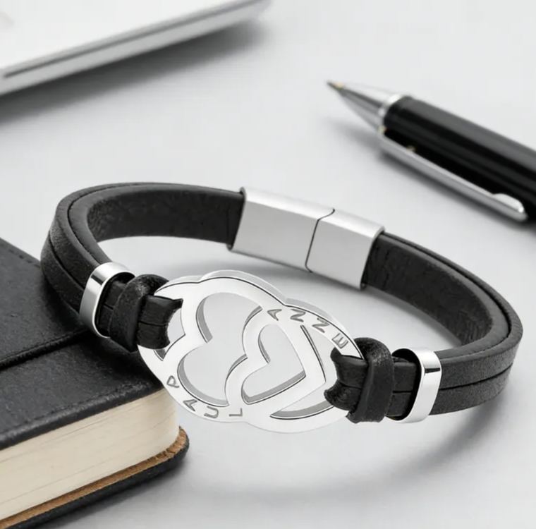 Personalized Stainless Steel Heart in Heart Leather Couple Bracelets with Custom Names for Lovers