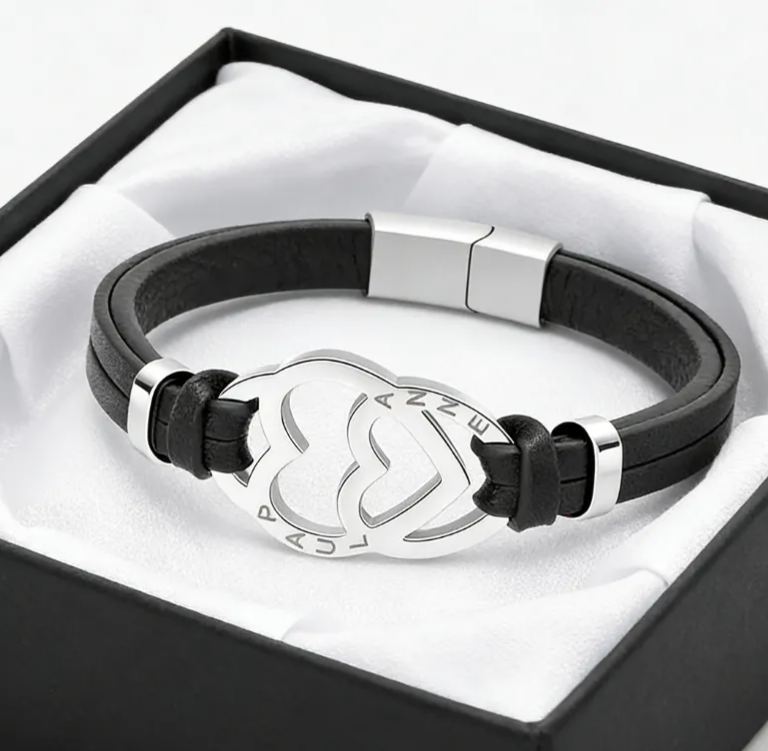 Personalized Stainless Steel Heart in Heart Leather Couple Bracelets with Custom Names for Lovers