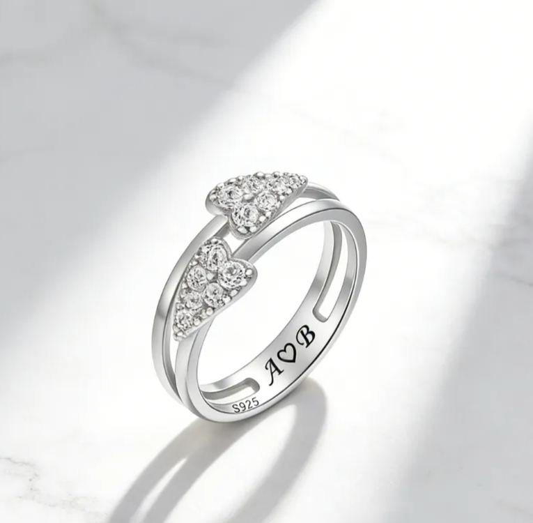 Personalized Sterling Silver Double Heart Ring – Custom Initials, Name, and Birthstone Romantic Jewelry
