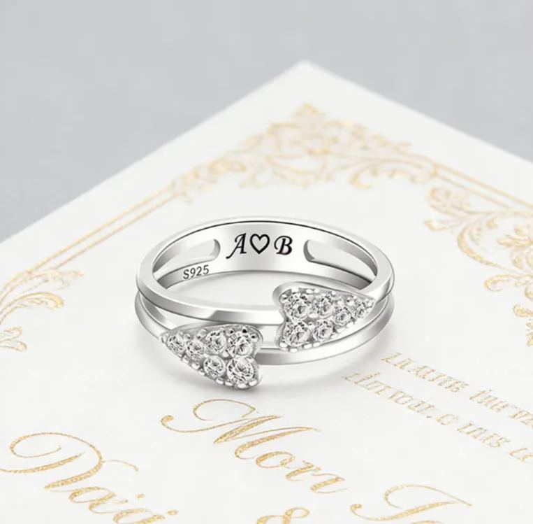 Personalized Sterling Silver Double Heart Ring – Custom Initials, Name, and Birthstone Romantic Jewelry