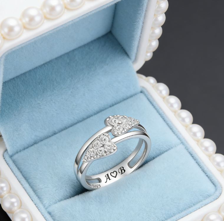Personalized Sterling Silver Double Heart Ring – Custom Initials, Name, and Birthstone Romantic Jewelry