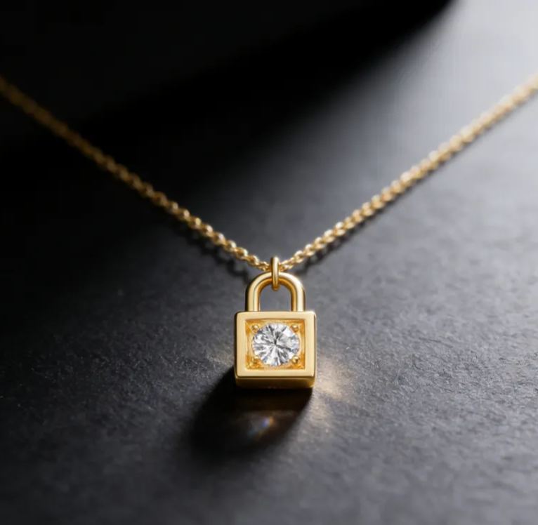 Personalized sterling silver lock necklace – customizable with engraving and a birthstone pendant.