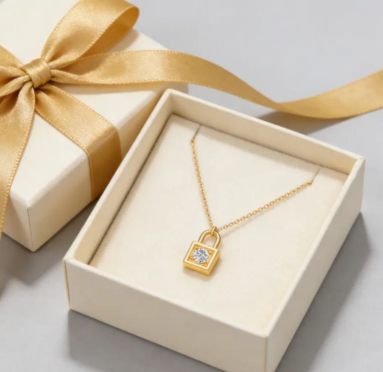 Personalized sterling silver lock necklace – customizable with engraving and a birthstone pendant.