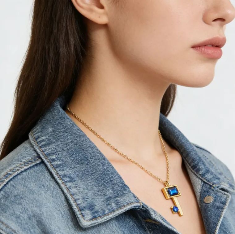 Personalized Sterling Silver Key Necklace – Custom Engraved Name with Birthstone Pendant