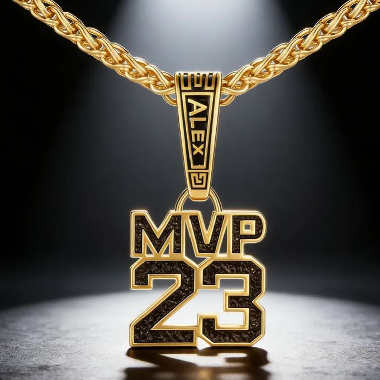 Custom Name and MVP Number Pendant Necklace – Personalized Sports-Themed Jewelry with Bold Chain Design