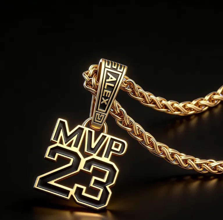 Custom Name and MVP Number Pendant Necklace – Personalized Sports-Themed Jewelry with Bold Chain Design