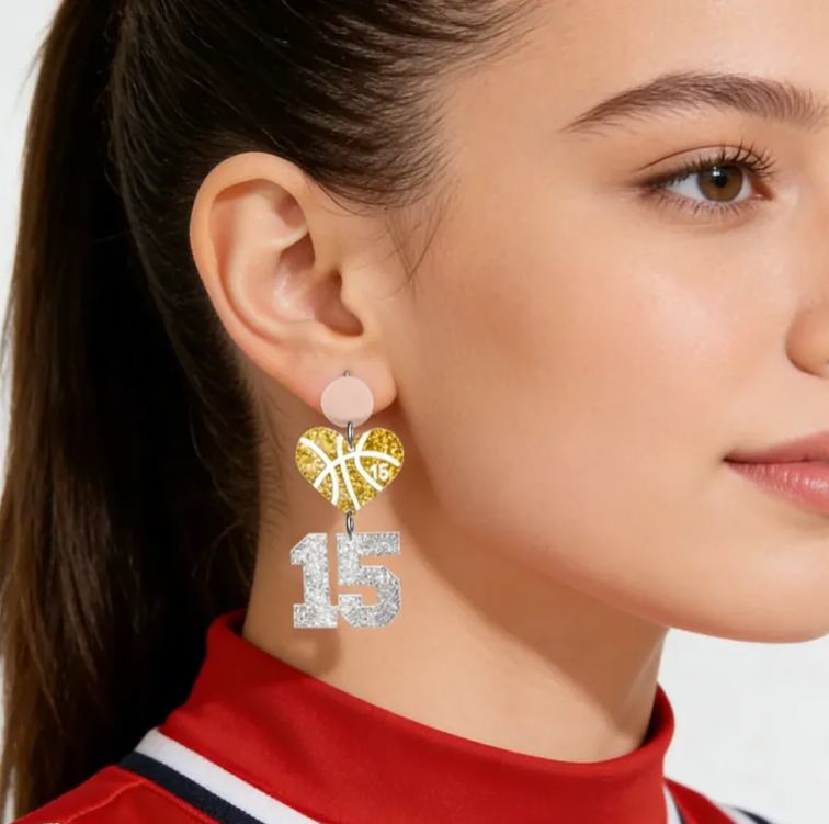 Personalized Acrylic Basketball Heart Hanging Numbers Earrings with Custom Name and Number