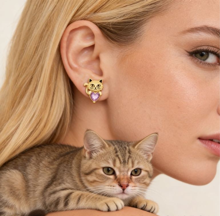 Personalized Heart-Shaped Birthstone Stud Earrings with Cat Motif Sterling Silver Jewelry Gift for Her