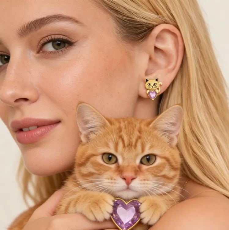 Personalized Heart-Shaped Birthstone Stud Earrings with Cat Motif Sterling Silver Jewelry Gift for Her